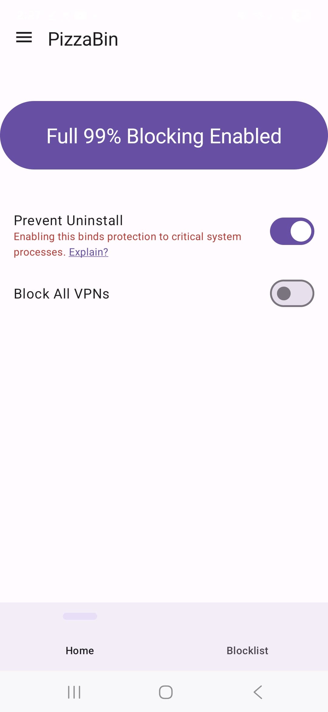 PizzaBin block screen showing protected browsing mode and a blocked request count