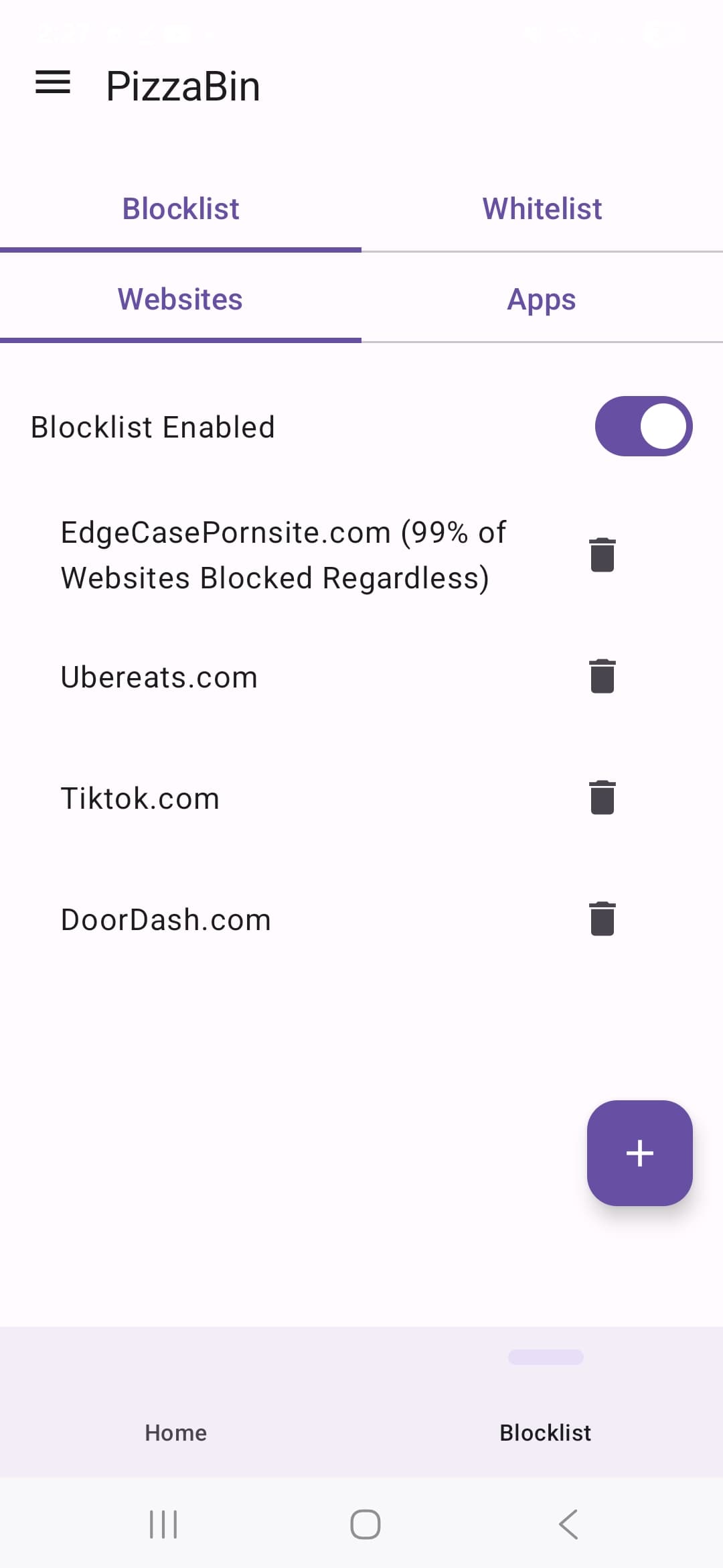 PizzaBin rules dashboard listing enforced categories and lock controls